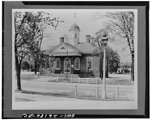 Williamsburg, Virginia. The capitol of the Virginia colony during the eighteenth century which was reconstructed and restored to its original state by John D. Rockefeller Jr. during the 1930s. The old courthouse erected in 1770