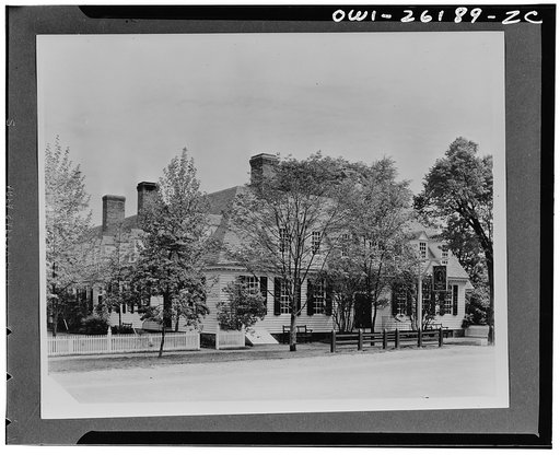 Williamsburg, Virginia. The capitol of the Virginia colony during the eighteenth century which was reconstructed and restored to its original state by John D. Rockefeller Jr. during the 1930s. The Raleigh Tavern, erected prior to 1742. This large frame building was the outstanding tavern of its day.