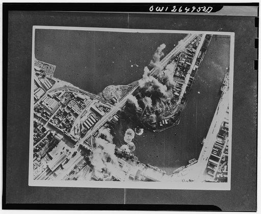 Royal Air Force Bostons in daylight raid on Saint Malo. Boston bomber, escorted by fighters, on July 31 carried out successful attack in daylight on harbour works and installations at Saint Malo, and returned with photographs providing evidence that their bombs were well in the target area. At least