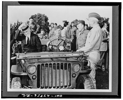 Casablanca, Morocco. President Roosevelt reviewing American troops from an Army jeep