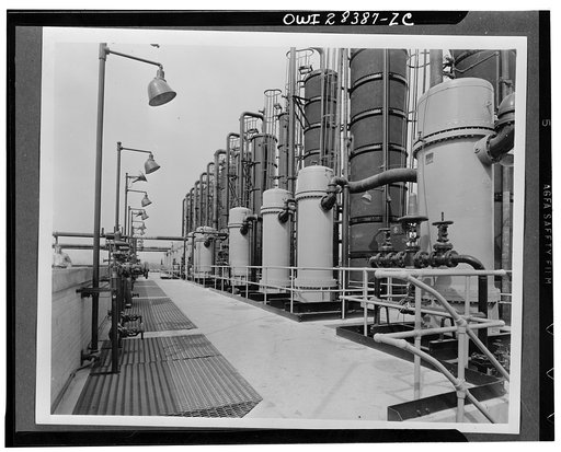 Distilling. Distillation tanks where the butadiene is purified
