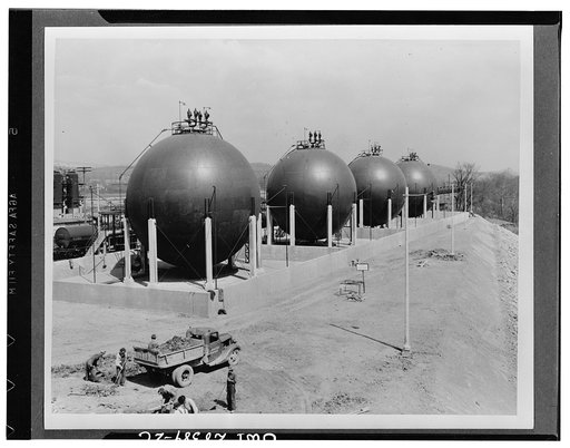Storing butadiene. The pressure of the butadiene gaseous is so high that huge spherical tanks such as these can hold large volumes