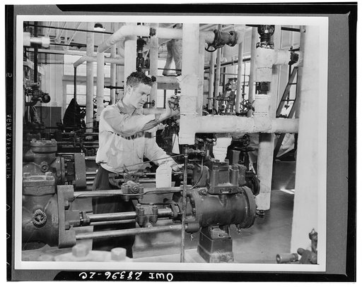 Mixing. The raw materials, butadiene and styrene, and many special chemicals, are moved by these pumps from storage to the reactor areas at the Institute plant