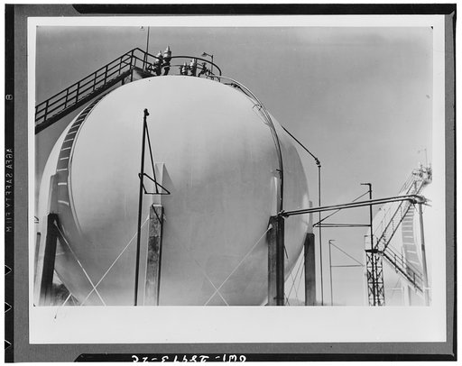 Storing butadiene. Butadiene storage tanks at the Institute plant at Institute, West Virginia. The pressure of the butadiene gaseous is so high that only huge spherical tanks can hold large volumes