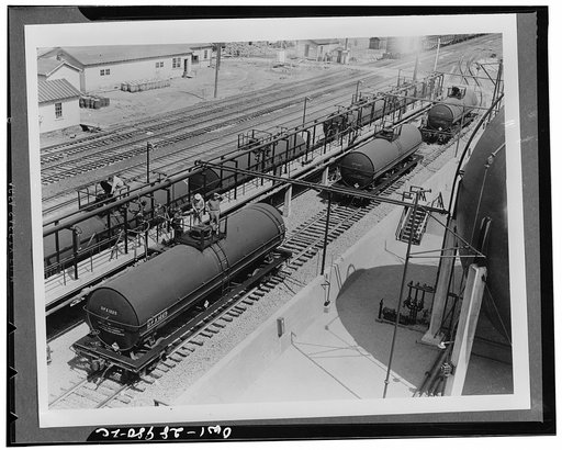 Shipping butadiene. Butadiene is pumped into tank cars for shipment at the Institute plant at Institute, West Virginia