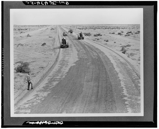 Hermiston, Oregon. The rimroad going south from the Umatilla ordnance depot being prepared for oil surfacing