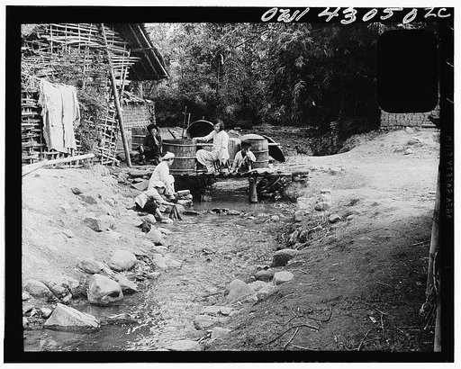 Public Health Service Investigation Commission to the China-Burma highway, Chefang, China. Washing in the stream, at the family's regular washing place. The strong soap rinsed from the clothes keeps the stream free of mosquitoes for about 100 yards