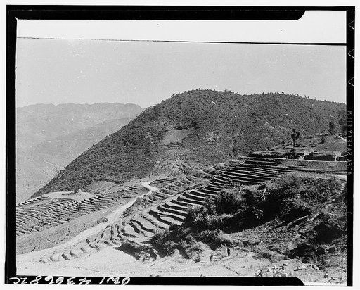 Public Health Service Investigation Commission to the China-Burma highway. Terraced hillside in southwest China showing careful water control in agriculture. The hills are high and out of the mosquito area
