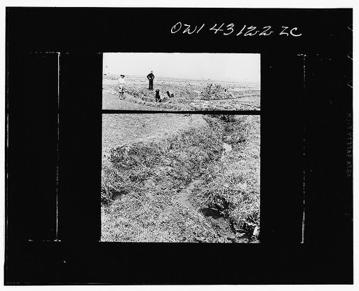 Public Health Service Investigation Commission to the China-Burma Highway, Chefang Valley, China. Drainage ditch from rice field. Minimus will breed along either bank where the water is moving, but not in pools where water vegetation grows