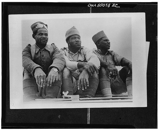 Three members of the Free French foreign legion who distinguished themselves in the battle at Bir Hacheim in the Western desert. They are from Senegal, Equatorial Africa, and Madagascar, respectively