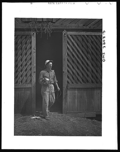 Lauderdale County, Alabama. Tennessee Valley Authority (TVA). Julien H. Case using a portable electric motor for his farm chores