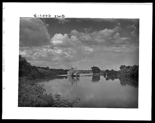 Wilson Dam, Alabama (Tennessee Valley Authority (TVA)). Excursion steamer Gordon C. Green of Cincinnati approaching Wilson Dam, Alabama