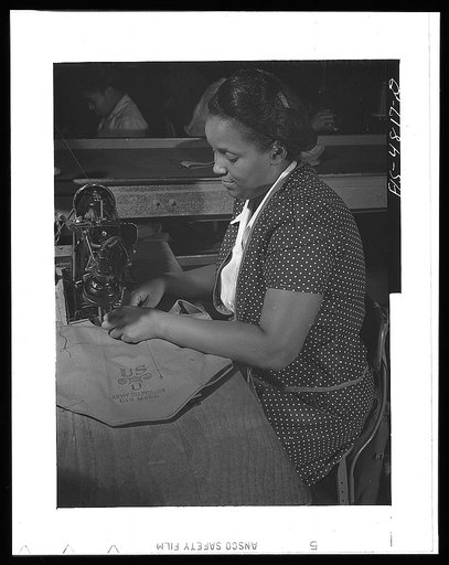 Edgewood Arsenal, Maryland. Gas demonstration. Making canvas containers for Army gas masks at the gas mask factory