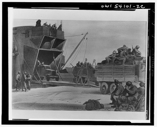 The cavern: and lot unloading. A British amphibious craft, devourer of men, trucks, and baggage, receives newly arrived members of an American tank unit to take them from Oran to their assigned bases