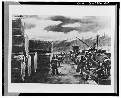 Return from night maneuvers in North Africa. At dawn, a flotilla of boats returns from a night's maneuvers in North Africa. The men, exhausted, will return to their regular base and drop into their bunks for much needed sleep