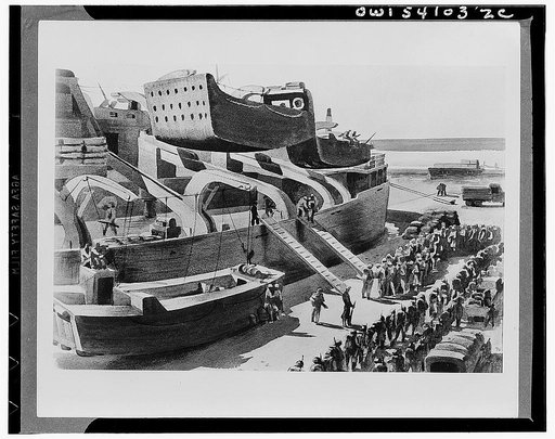 Tunisia, here we come. American troops embark aboard a British ship. Under the hot Algerian sun, carrying full packs, the men shuffle along in double file waiting to be checked off at the foot of the gangway and to climb the steep plank onto the ship