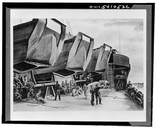 On the way. The forecastle deck of a transport in the Sicilian invasion armada as it moves ahead to its objective. During landing operations, LCVP boats (landing craft, vehicle personnel), carried on davit at the sides of the ship, are swung out to deck level, loaded with troops and supplies and the