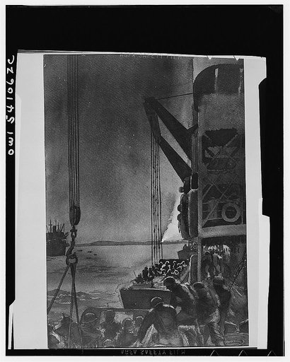 The first wave. Sicilian invasion. "H" hour of the "D" day draws near and the first wave of men to invade Sicily prepare to debark from Allied transports lying four miles off shore. Landing boats, swung to deck level, are loaded with men and equipment. After they are lowered into the sea, cables are
