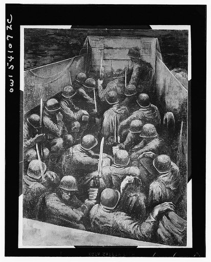 Invasion craft. Sicilian invasion. In an Allied invasion craft bound for the beach at Sicily, steel helmeted men huddle together. Ahead lies the enemy and, for some, death