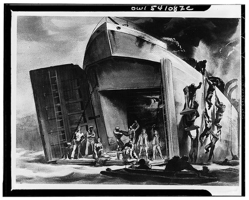 Inferno. Sicilian invasion. An enemy bomber scored a direct hit on this LST setting her aflame when she was about fifty yards from shore and had just jockeyed into position to discharge her cargo. The deck above is loaded with trucks, other vehicles and men who clamber down ropes to escape the flame