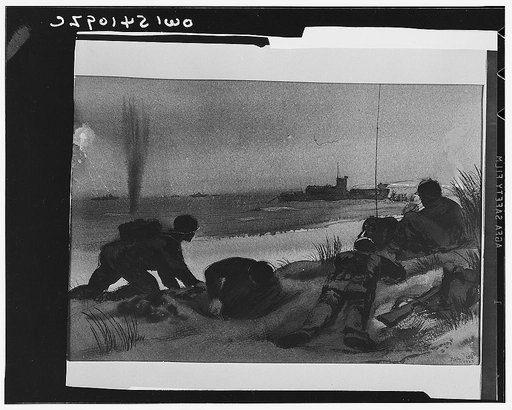 Digging in. Sicilian invasion. A shore party digs in on the beach and its radio operator sets up this portable equipment to make and maintain contact with ships off shore. In the distance an LCI lands troops under fire from hidden enemy pillboxes