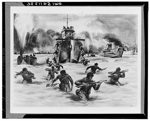 Assault wave, Salerno. Allied troops pour ashore at Salerno, wading through the surf under heavy machine gun and shell fire from hidden enemy positions back of the beaches. One of the landing craft is set aflame by an enemy shell. Another shell just misses an LCVP (landing craft, vehicle personnel) 