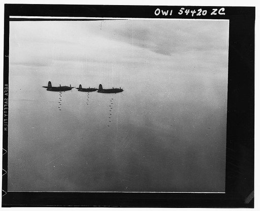 Bombs away. U.S. B-26 medium bombers drop their eggs on ports, bridges, and railroad yards in central Italy. Practically every type of combat aircraft in the Mediterranean Allied Air Forces, from the heavy Flying Fortresses to the light fighter escorts, participated in "Operation Strangle"