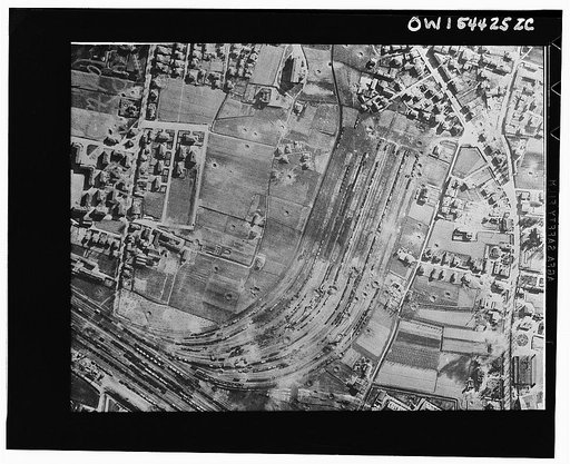 Marshalling yards at Padua after a raid by Mediterranean Allied Air Force bombers. Photo shows the damage done after two night attacks by Royal Air Force Wellingtons