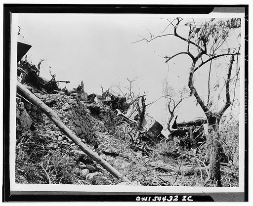 Nazi motor transport was blown off the road by Allied bombers striking north of Cassino. Supplies that never reached the Germans lay strewn below the road