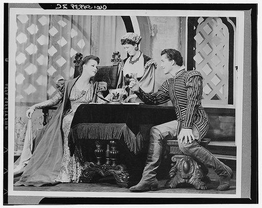 Scene from "Othello" with Uta Hagen as Desdemona (left), Margaret Webster as Emilia, and Jack Manning(?) as Roderigo, Theatre Guild Production, Broadway, 1943-44