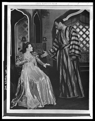 Scene from "Othello" with Paul Robeson as Othello and Uta Hagen as  Desdemona, Theatre Guild Production, Broadway, 1943-44