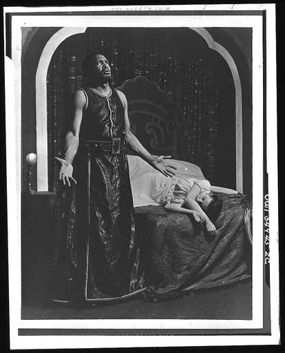Scene from "Othello" with Paul Robeson and Uta Hagen as Desdemona, Theatre Guild production, Broadway, 1943-44