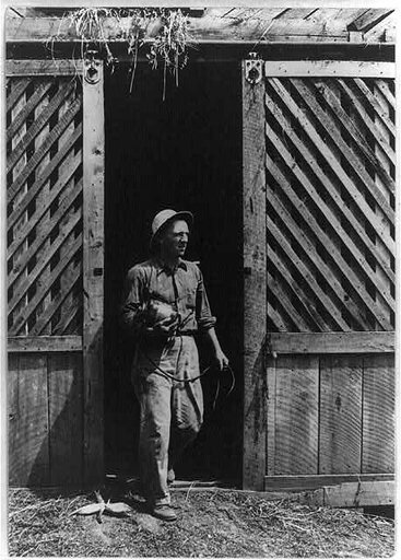 Portrait of America. No. 36. Rural electrification in the U.S. This American farmer, whose farm has been electrified through a cooperative rural electrification project, carries a small efficient portable electric motor from one farm building to another to operate his modern farm equipment. Many far