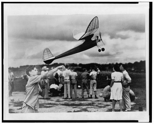 America's youth builds and flies model planes on miniature flying fields. This unusual model airplane, a composite of several different types, is launched by its youthful builder at Modelhaven Airport, "the smallest airport in the world," near the city of Baltimore in the eastern state of Maryland. 
