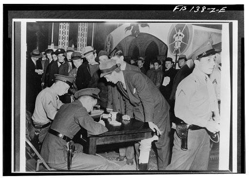 New York, New York. Army, Navy and Marine recruiting stations in all parts of the country have been besieged by long lines of young men. The total number of enlistments in December exceeded 60,000, 50 percent more than the greatest enlistment month of the last year