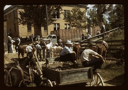 Mountaineers and farmers trading mules and horses on "Jockey St.," near the Court House, Campton, Wolfe County, Ky.