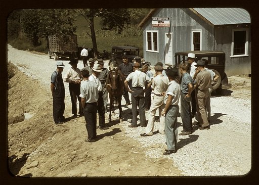 Mountaineers and farmers trading mules and horses on "Jockey St.," near the Court House, Campton, Wolfe County, Ky.
