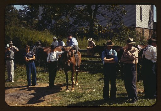 Mountaineers and farmers trading mules and horses on "Jockey St.," near the Court House, Campton, Wolfe County, Ky.