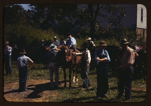 Mountaineers and farmers trading mules and horses on "Jockey St.," near the Court House, Campton, Wolfe County, Ky.