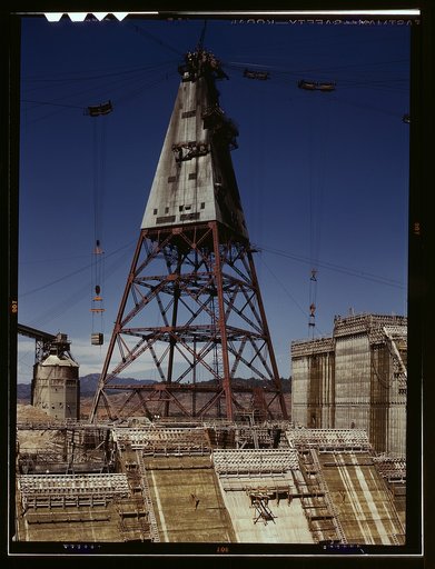 Central tower from which cable buckets carry materials used in the construction of Shasta dam, California