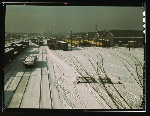 General view of yard and some of the locomotive shop of the C & NW RR [i.e. Chicago and North Western railroad] at 40th Street. On the tracks on the right are three streamliners, crack trains, Chicago, Ill.