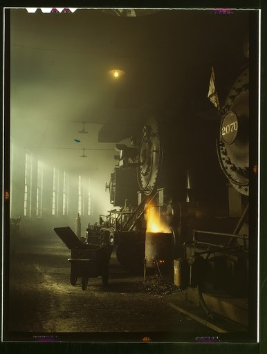 C & NW RR [i.e. Chicago and North Western railroad]; locomotives in the roundhouse at Proviso yard, Chicago, Ill.