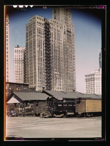 Diesel switch engine moving freight cars at the South water street freight terminal of the Illinois Central R.R., Chicago, Ill. The N.Y. Central is one of the railroads that lease terminal facilities from the I.C.R.R.