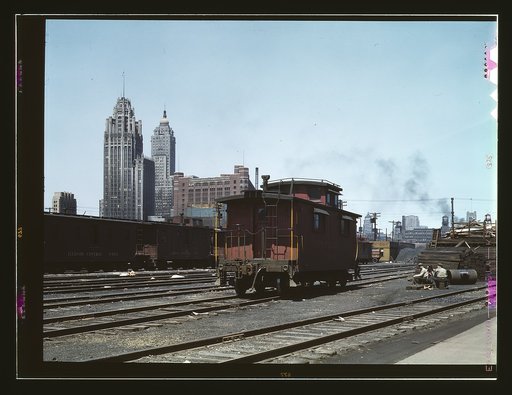 General view of part of the South Water street freight depot of the Illinois Central Railroad, Chicago, Ill. A C and O R.R. caboose. the C and O is one of the railroads that lease terminal facilities from the I.C.R.R