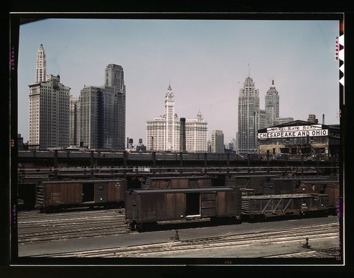 Illinois Central R.R., freight cars at the South Water Street freight terminal, Chicago, Ill. The C & O and Nickel Plate Railroads lease part of this terminal from the I.C.R.R.