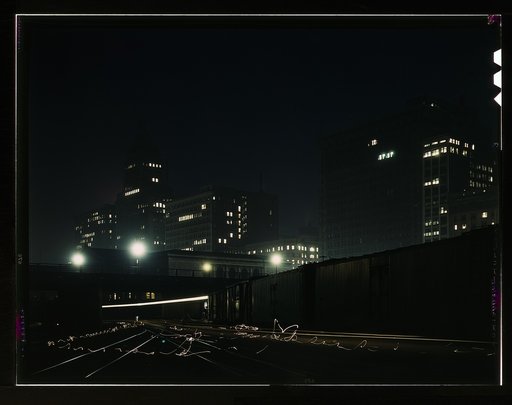 Night view of part of the South Water street freight terminal of the Illinois Central R.R., Chicago, Ill.