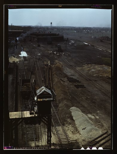 Track repair work at the Bensenville yard of the Chicago, Milwaukee, St. Paul, and Pacific Railroad, Bensenville, Ill. Track repair and work on the cinder pits at the roundhouse