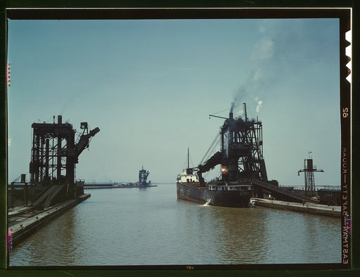 Loading a freighter with coal at one of the three coal docks owned by the Pennsylvania Railroad, Sandusky, Ohio