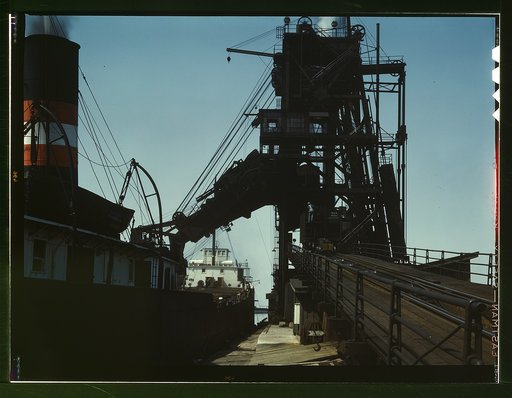 Loading a lake freighter with coal for shipment to other lake ports, Sandusky, Ohio