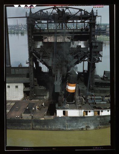 Loading coal into a lake freighter at the Pennsylvania Railroad docks, Sandusky, Ohio